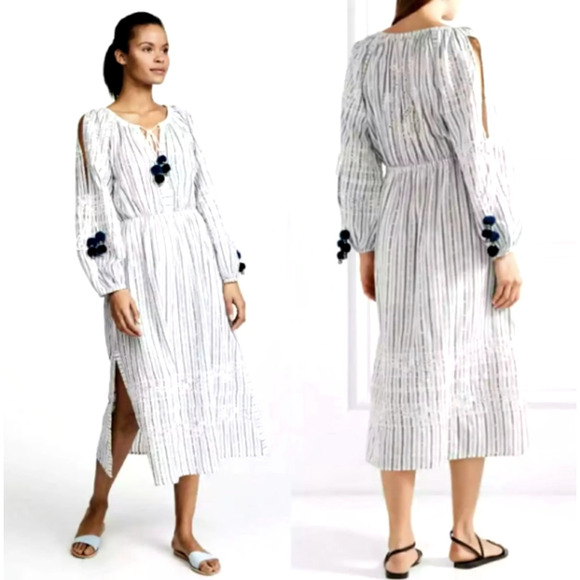 Anthropologie M LOVESHACKFANCY Striped Isla Midi Dress Long Sleeve White Blue - Picture 2 of 10